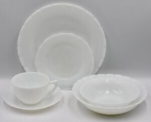 MACBETH EVANS CREMAX Opalescent Glass OXFORD 6pc Set Bowl-Plate-Cup-Saucer